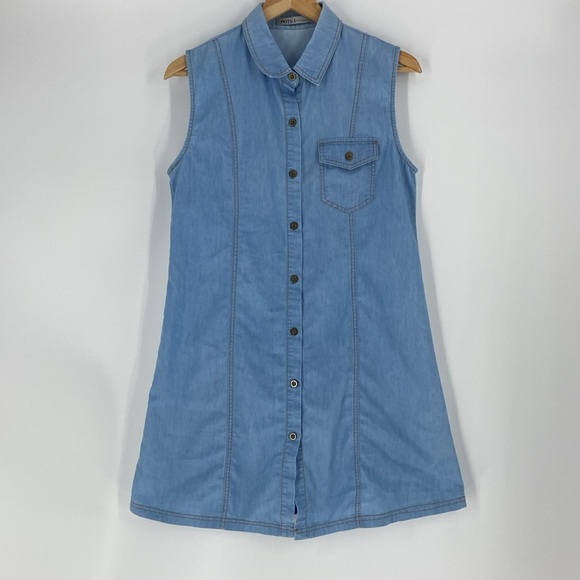 Denim sleeveless chambray lightweight button front short dress or tunic Large - Picture 5 of 14